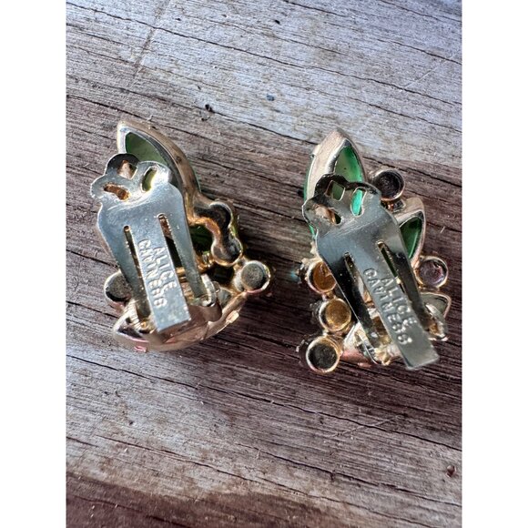 Alice Caviness Vintage Gold-Tone Clip-On Earrings W/ Green & Blue Rhinestones - Picture 4 of 9